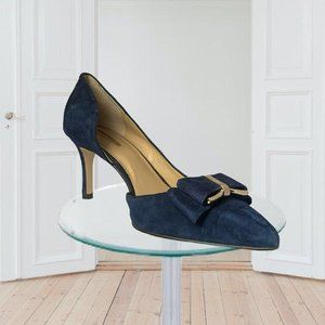BCBGeneration Perryn Blue Gold Bow Open Side Heels Pumps Shoes Women's 10M